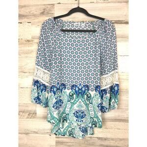 Cato Women’s M Blue White Lace Lightweight Long Sleeve Boho Blouse Top